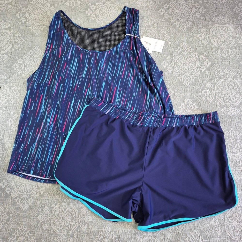 NIeyook Women Navy‎ Blue Pink Rain Streak Tankini Swimsuit Set 28W